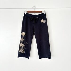 VTG Lucky Brand Y2K Wide Leg Capri Pants Embroidered Low Rise Black Sz Small